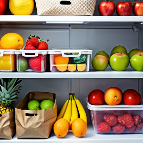 **A well-organized refrigerator shelf with fruits stored in various ways.** Focus on the fruits being separated into different containers (paper bags, reusable fabric bags, and open containers). The refrigerator should appear neat and the lighting should be bright.