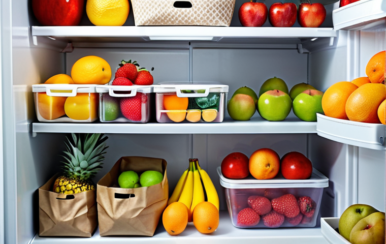**A well-organized refrigerator shelf with fruits stored in various ways.** Focus on the fruits being separated into different containers (paper bags, reusable fabric bags, and open containers). The refrigerator should appear neat and the lighting should be bright.