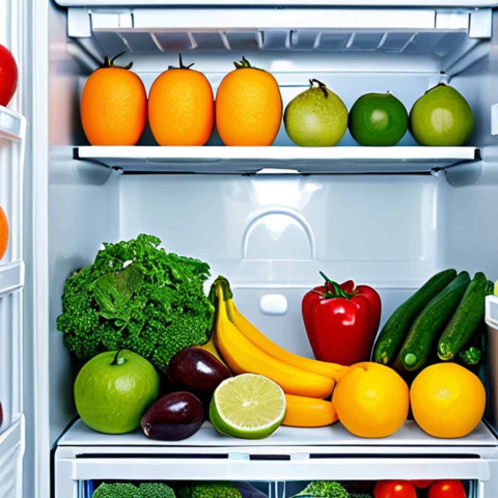 Organized Refrigerator**
"A meticulously organized refrigerator with various fresh fruits, vegetables, and containers, arranged by sections. Crisp lighting, showcasing vibrant colors of the food. Fully clothed, safe for work, appropriate content, professional food photography, perfect anatomy (of the food!), natural proportions, high quality, family-friendly, emphasizing freshness and organization. Modest presentation of food items."
**