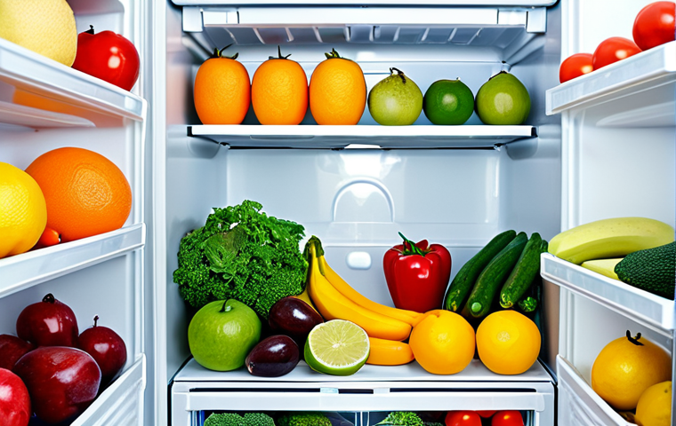Organized Refrigerator**
"A meticulously organized refrigerator with various fresh fruits, vegetables, and containers, arranged by sections. Crisp lighting, showcasing vibrant colors of the food. Fully clothed, safe for work, appropriate content, professional food photography, perfect anatomy (of the food!), natural proportions, high quality, family-friendly, emphasizing freshness and organization. Modest presentation of food items."
**