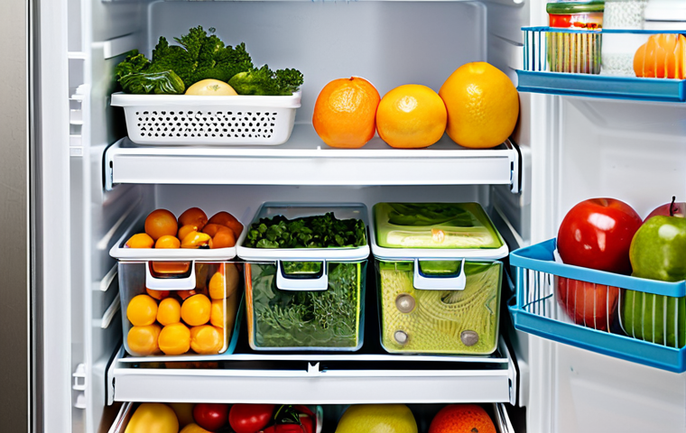 음식 보존 기술로 인한 비용 절감 효과 - Organized Refrigerator**
"A well-organized refrigerator interior, shelves neatly arranged with labe...